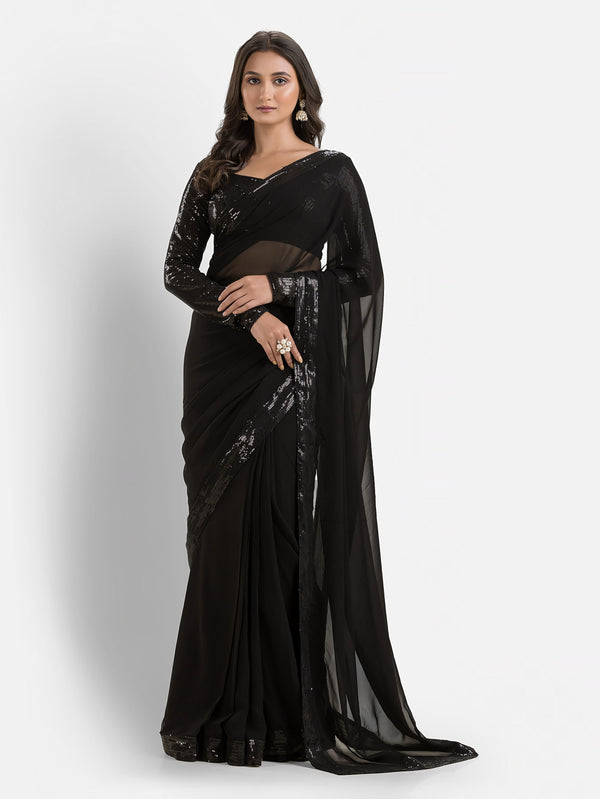 Midnight Muse Pre-Draped Saree with Blouse and Petticoat