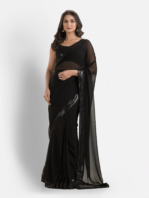 Galaxy Black Pre-draped Saree with Blouse & Peticoat