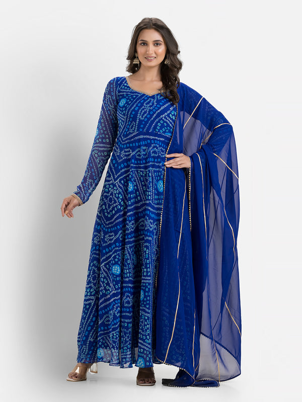 Blue Bandhani Anarkali with Dupatta