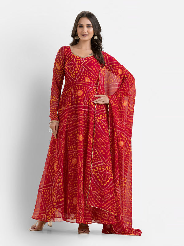 Gulabi Bandhani Anarkali with Dupatta