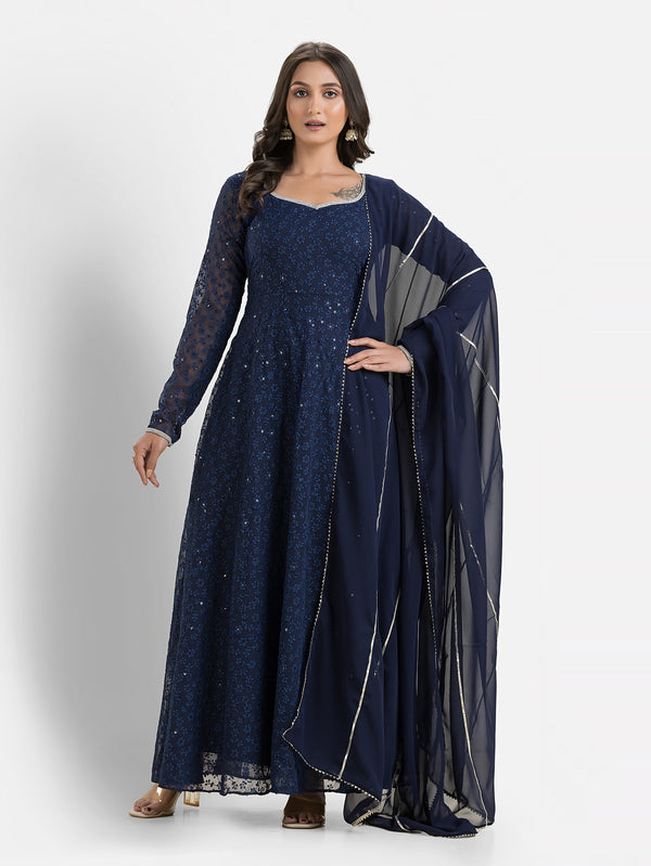 Marine Blue Schiffli Anarkali with Dupatta