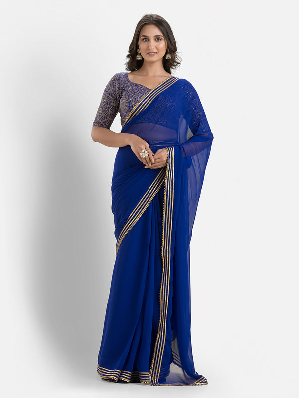 Royale Blue Pre-draped Saree with Blouse & Peticoat