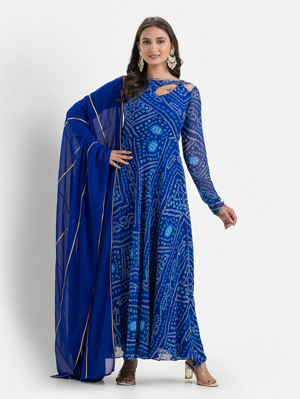 Peacock Blue Bandhani Anarkali with Dupatta