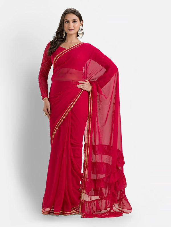 Candy Red Raffle Pre-draped Saree with Blouse & Peticoat