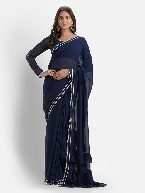Diamond Blue Raffle Pre-draped Saree with Blouse & Peticoat